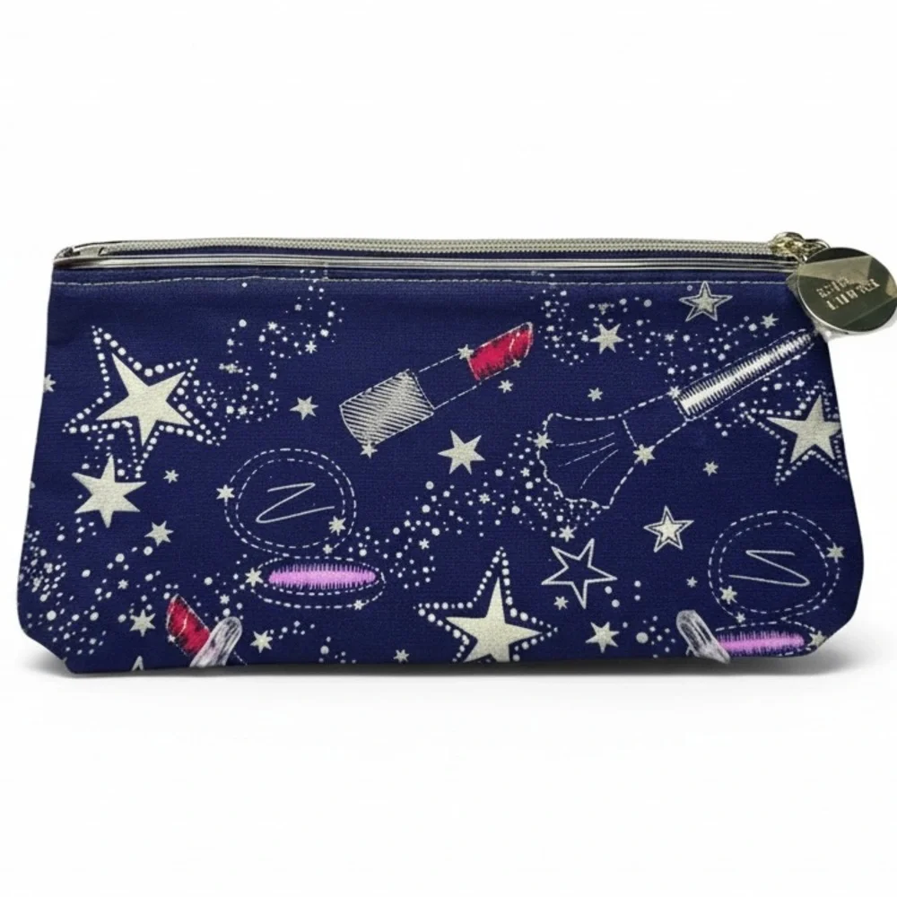 Estée Lauder Makeup Bag Cosmetic Pouch Navy Gold Star Lipstick Print Zip Clutch - Picture 3 of 5